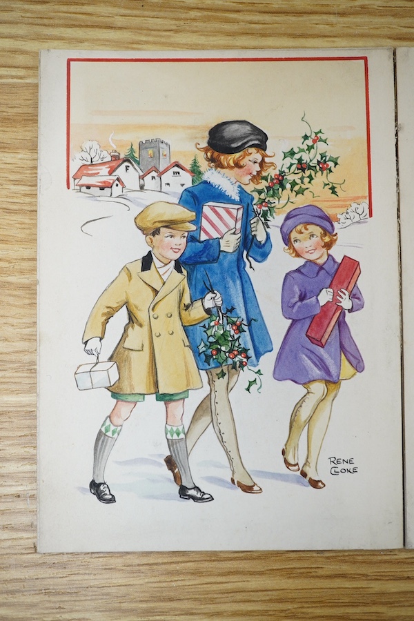 Rene Cloke (1904-1995), set of three original 1930's watercolours on card, Childrens' Christmas card designs, each signed, 14 x 10cm, unframed. Condition - fair to good